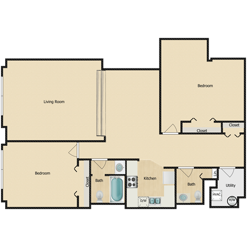 Floor plan for 2 beds, 1.5 baths, 1160 sqft